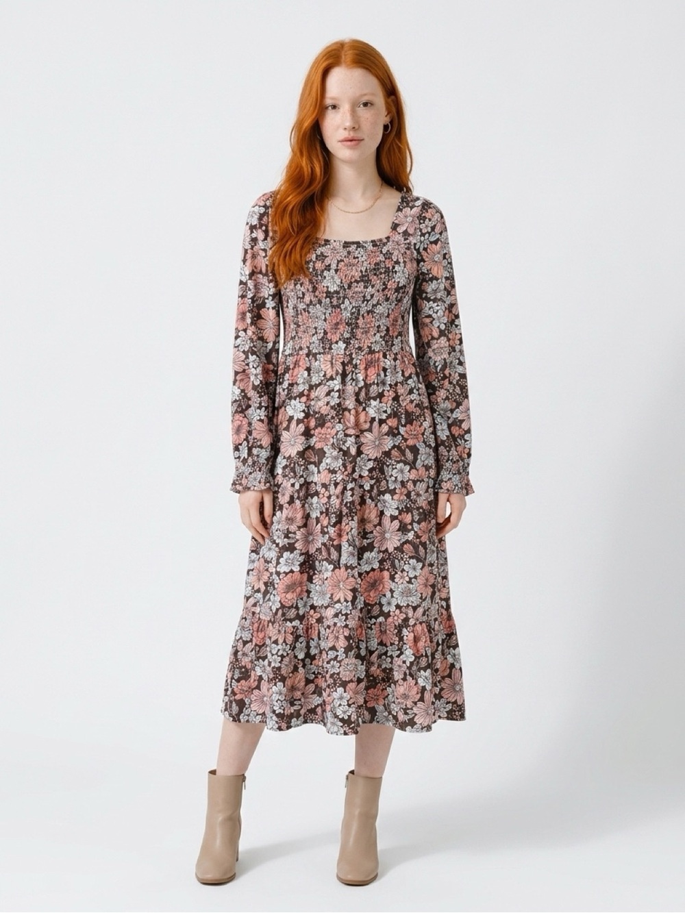 Mexx Floral Smocked Long-Sleeve Dress in Pink and Black